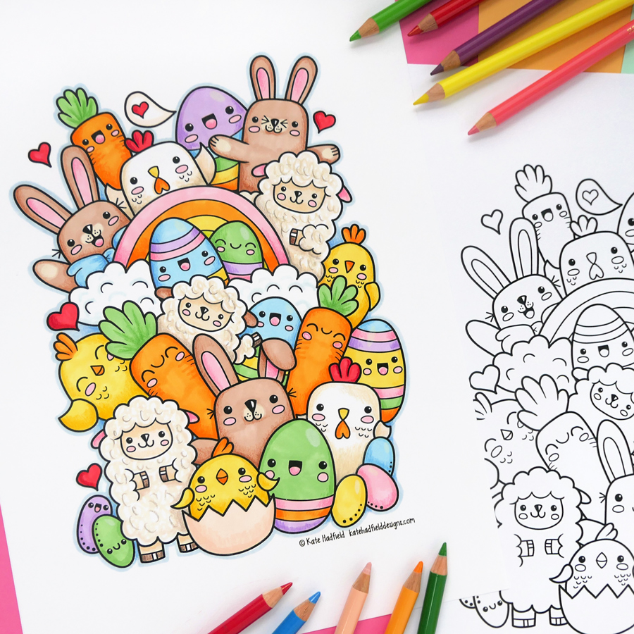 Kawaii Easter colouring page   Kate Hadfield Designs