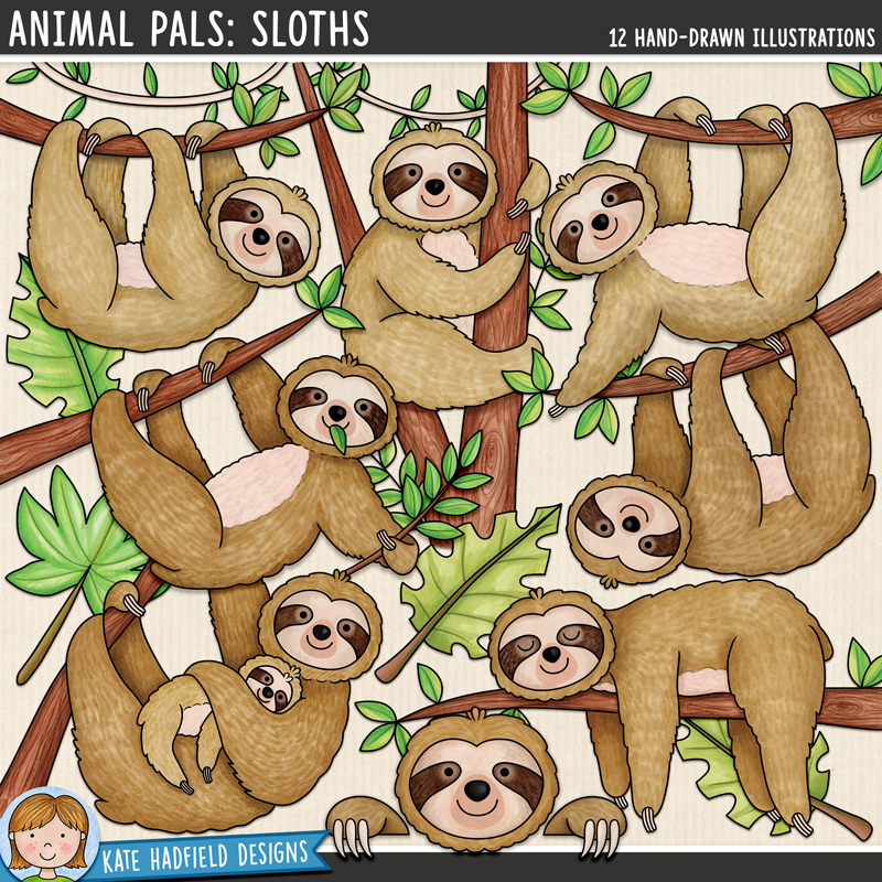 sloth clipart collection with three toed sloths in various poses