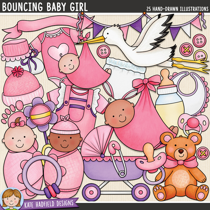 hand drawn newborn baby girl clip art set