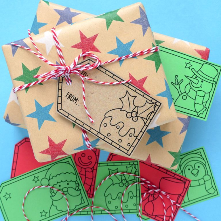 Printable Christmas gift tags for kids to colour - Kate Hadfield Designs