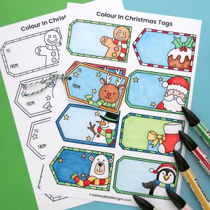 Printable Christmas gift tags for kids to colour - Kate Hadfield Designs
