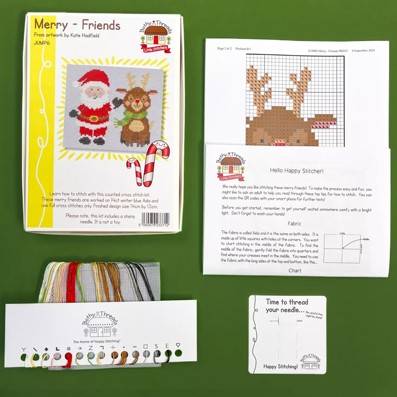 santa and rudolph christmas cross stitch kit for kids showing instructions and kit contents