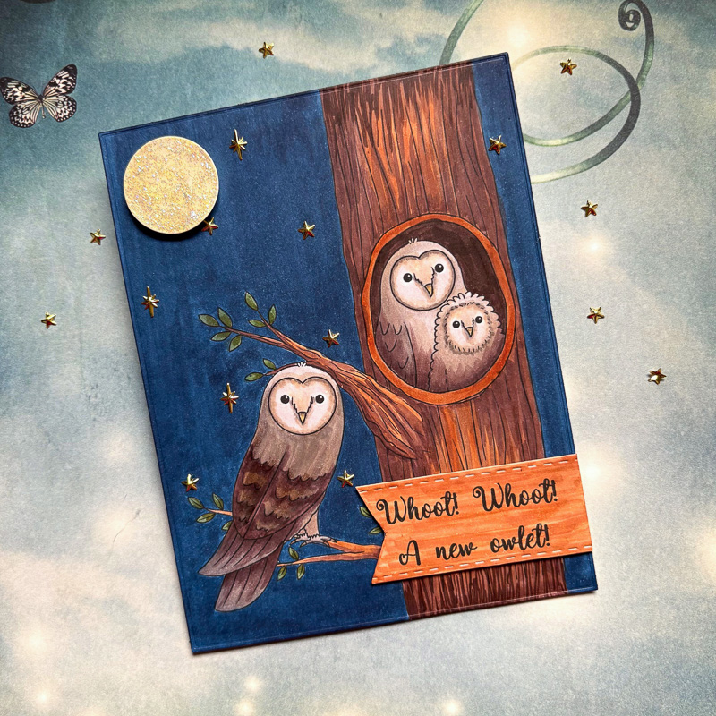 handmade new baby card featuring owls with their chick against a starry night sky