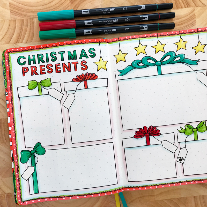 colourful christmas presents hand drawn bullet journal spread