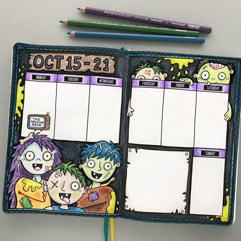 halloween weekly bullet journal spread with zombies