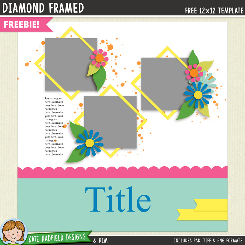 digital scrapbook template featuring three photo spots with angled frames, element clusters and scalloped trim
