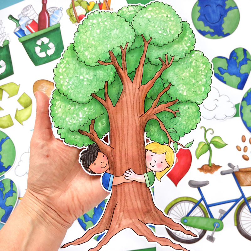 drawing of a tree with a boy and girl hugging the trunk against a handmade of other hand drawn Earth Day and recycling themed doodles