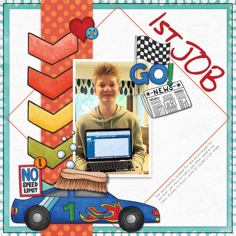 digital scrapbook page celebrating a teenager's first job featuring colouring illustrations