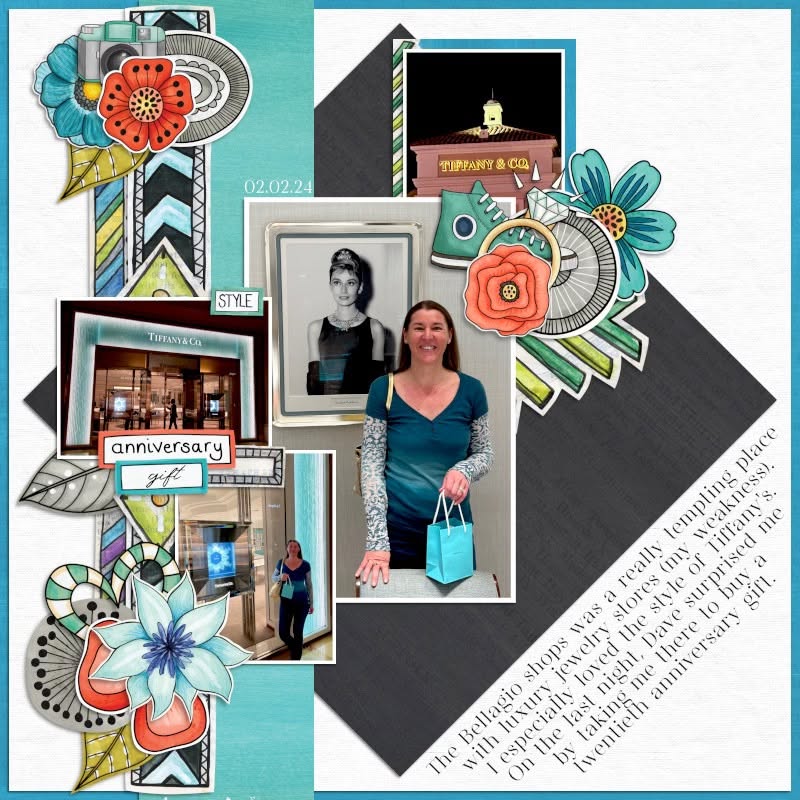 digital scrapbook page featuring hand drawn elements and celebrating a shopping trip to Tiffany's