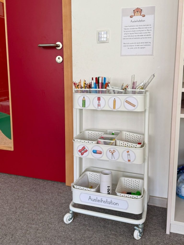 classroom art materials and stationery trolley decorated with clip art illustrations to help students return items to the right place