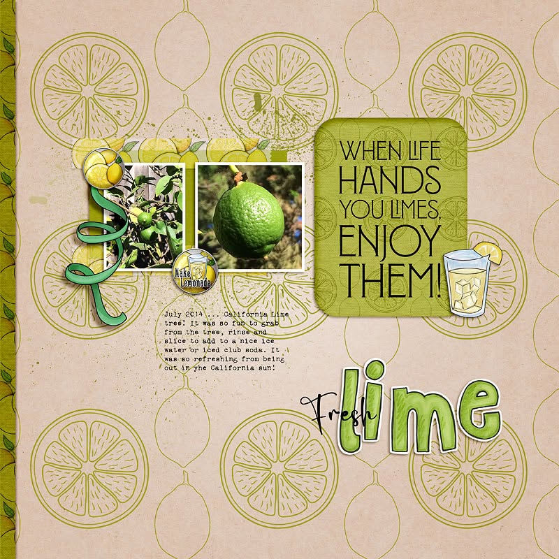 digital scrapbook page with photographs of fresh limes and hand drawn lime illustrations