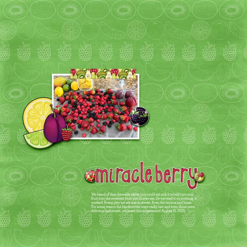 digital scrapbook page with photograph of summer fruits on a bright green background paper with hand drawn fruit illustrations