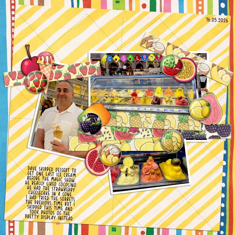 colourful digital scrapbook page with photographs of ice cream and lots of hand drawn fruit illustrations