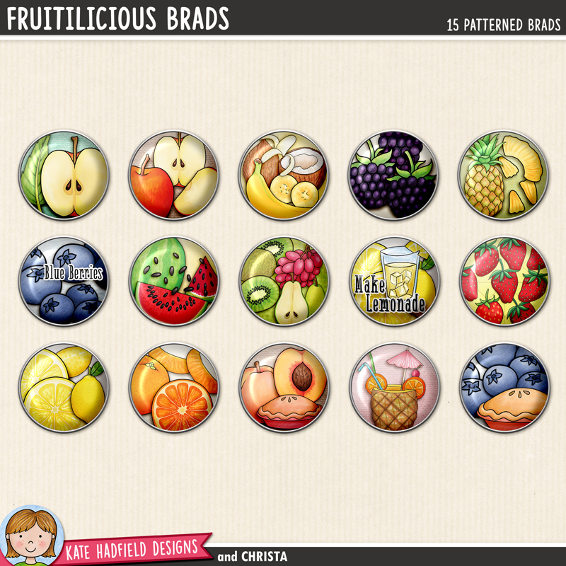 15 digital scrapbook brads with fruit illustrations