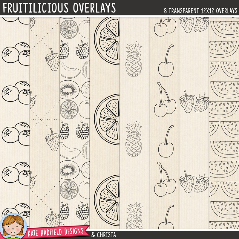 8 transparent digital overlays with hand drawn fruit illustrations