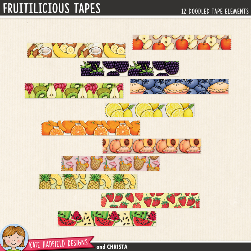 12 digital washi tape pieces with fruit illustrations and bright colours