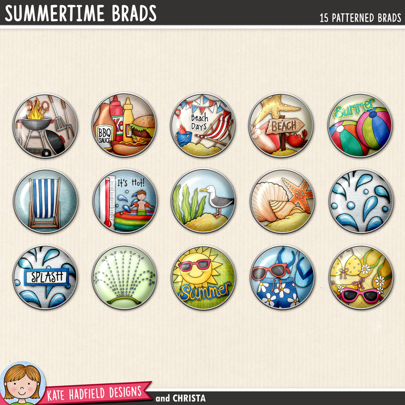 15 digital scrapbook brads with a beach and summer theme