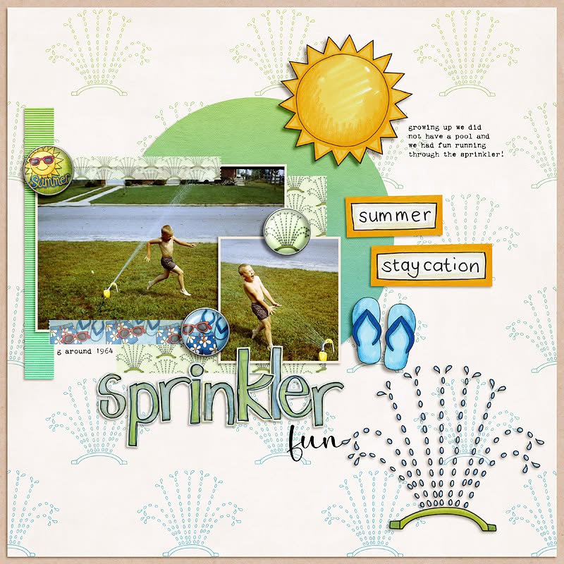 digital scrapbook page with photos of a child running through a sprinkler spray and lots of summer illustrations