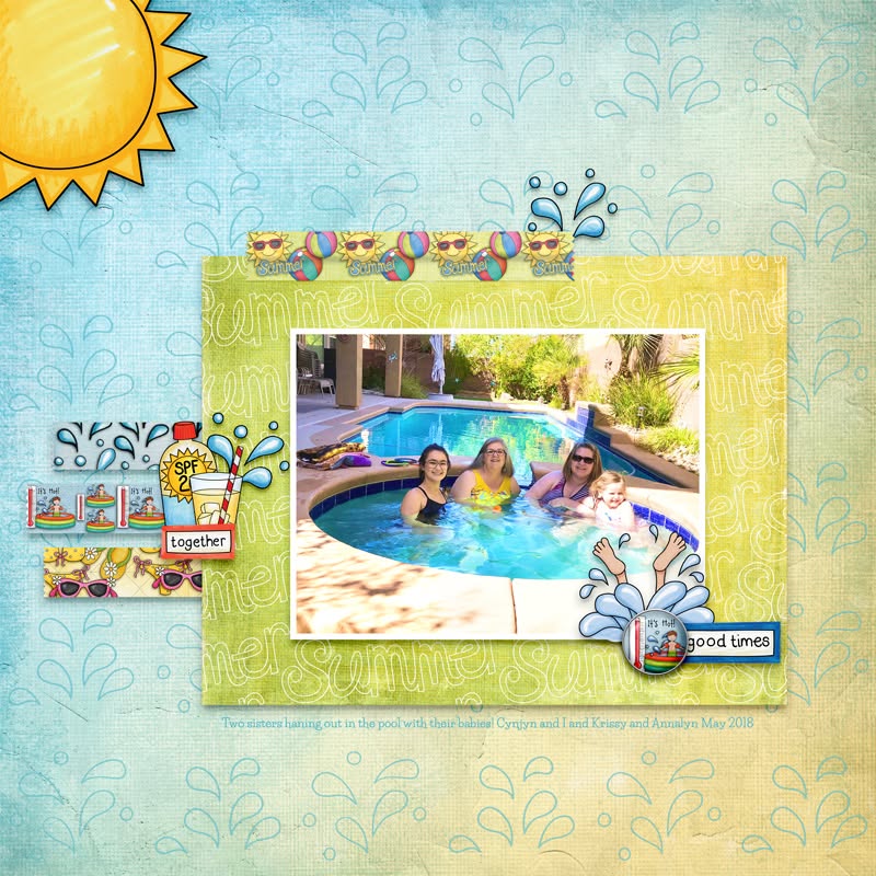 digital scrapbook page with a photo of a family in a swimming pool and lots of summer themed illustrations