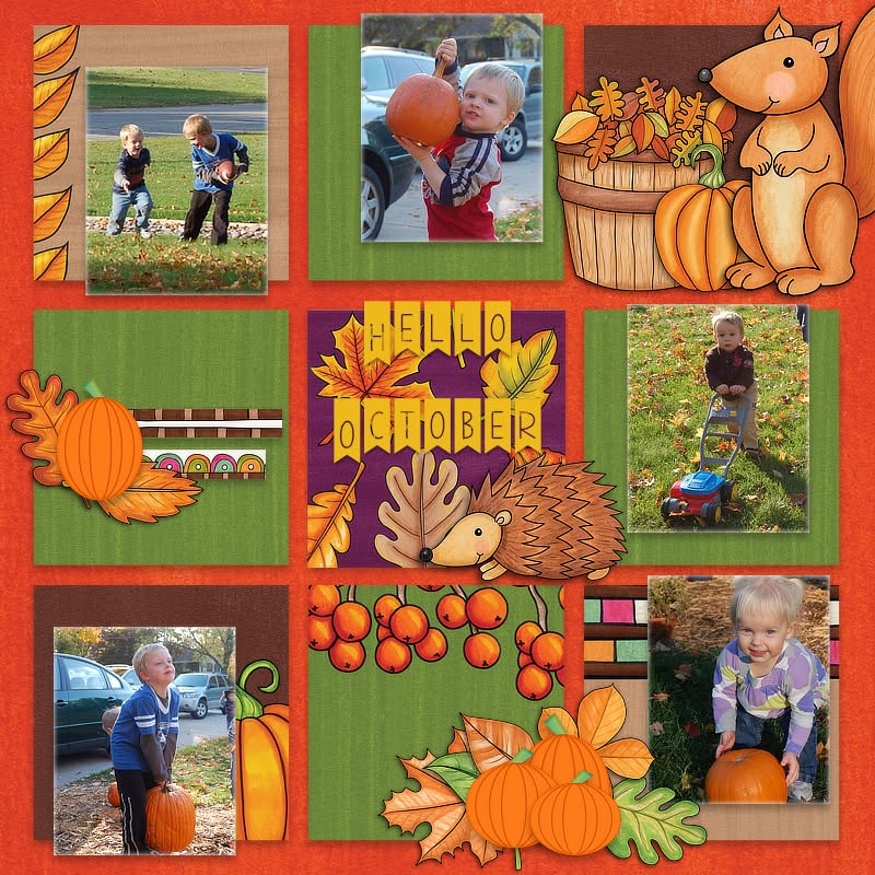 autumn themed digital scrapbook page with hand drawn elements and photos from a pumpkin patch