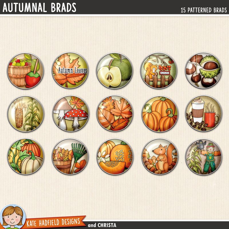 Autumnal Brads - fun set of digital brads to help you add a touch of doodled fun to your scrapbook pages and hybrid projects! Perfect for all your autumn and fall projects! Hand-drawn illustrations for digital scrapbooking, crafting and teaching resources from Kate Hadfield Designs. 