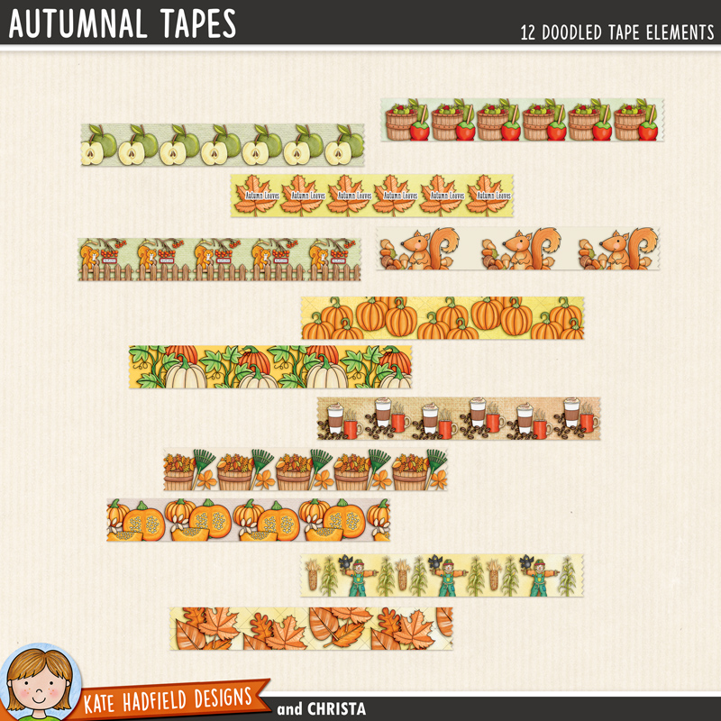 Autumnal Tapes - a fun set of digital washi tape pieces to help you add a touch of doodled fun to your scrapbook pages and hybrid projects! Perfect for all your autumn or fall projects! Hand-drawn illustrations for digital scrapbooking, crafting and teaching resources from Kate Hadfield Designs. 